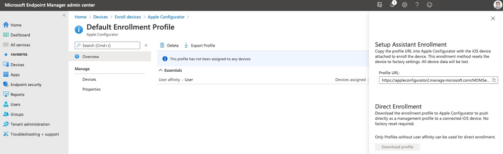 Screenshot of the Apple Configurator - Default Enrollment Profile in the Microsoft Endpoint Manager admin center