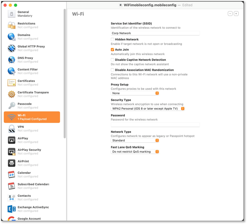 Screenshot of a Wi-Fi profile and configured settings in Apple Configurator 2