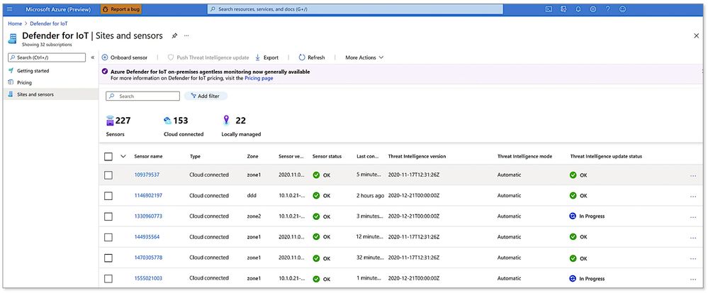 Viewing the status of network sensors and threat intelligence updates from the Azure portal