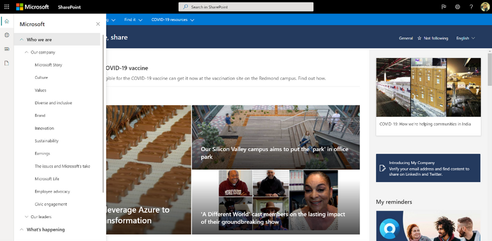 The SP App bar used on Microsoft's intranet