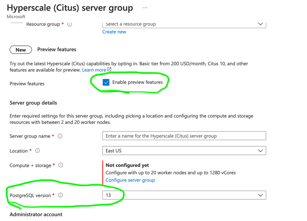 Figure 1: Screenshot from the Azure Portal, showing the Preview features checkbox for Hyperscale (Citus), plus where to select the PostgreSQL version.