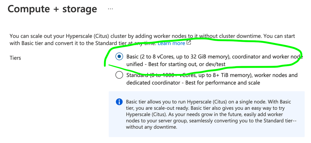 Figure 3: Screenshot from the Compute + storage screen, showing the Basic tier and Standard tier radio buttons. To use shard Postgres on a single node, choose Basic tier.