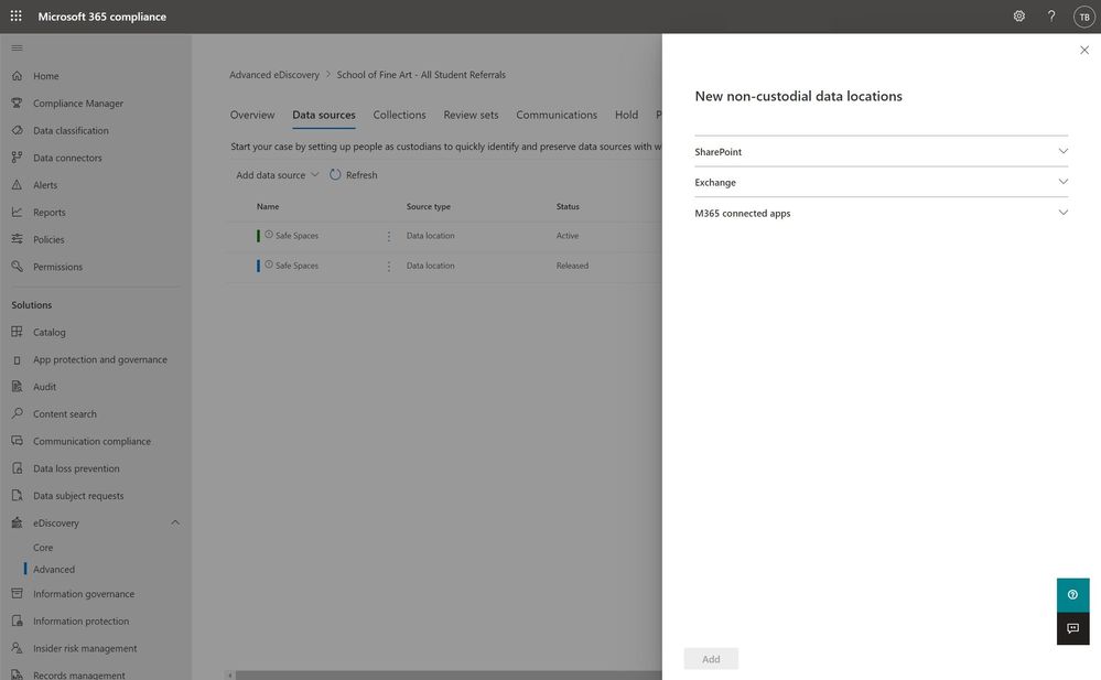 Enabling Microsoft 365 connected apps as a non-custodial data location.