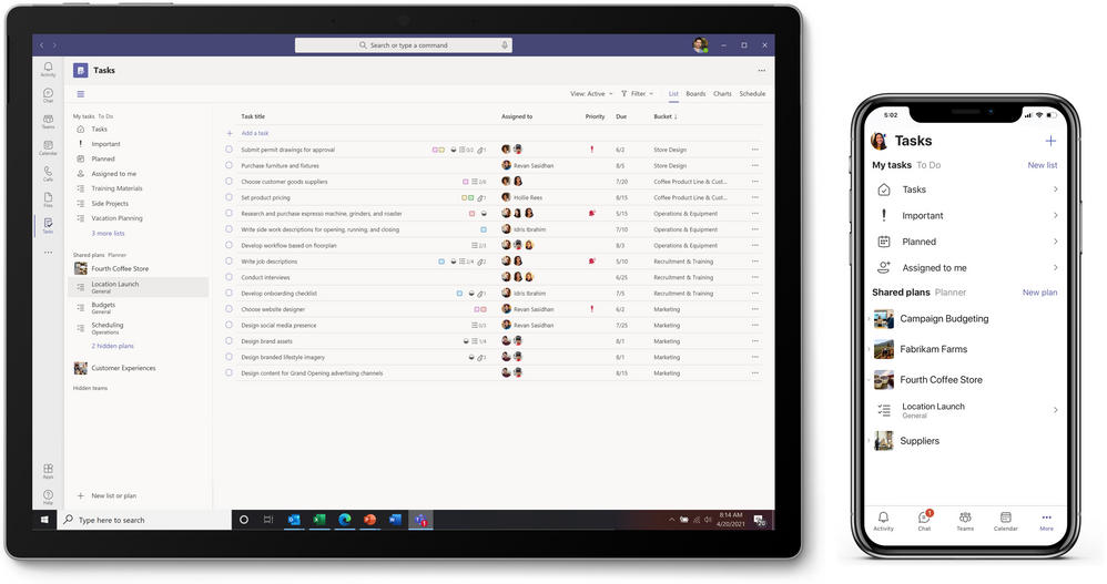 thumbnail image 3 captioned The Tasks app in Microsoft Teams on desktop (left) and mobile (right).