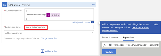 Example Custom log created in the Log analytics workspace representing average time