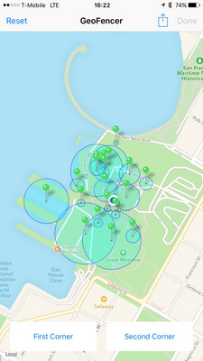 Hand-placed geofence regions within Fort Mason