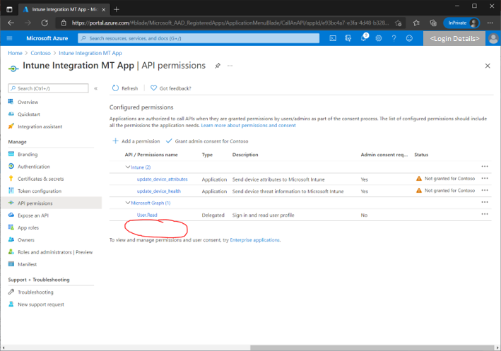 Figure 4 - Example list of available API permissions with one of the required permissions missing.