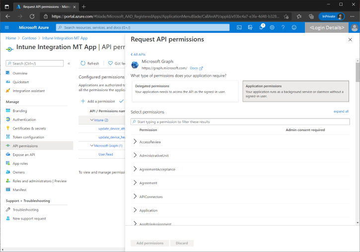 Figure 8 - Requesting the Application permissions for the Microsoft Graph application.