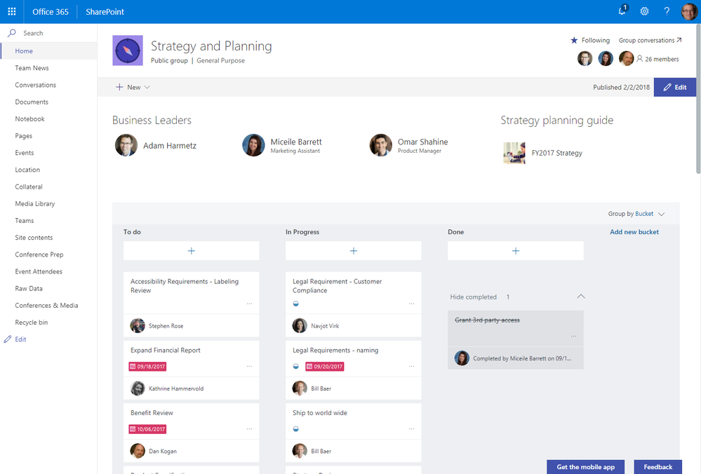 The Planner web part in 'boards' mode on the home page of a SharePoint team site.