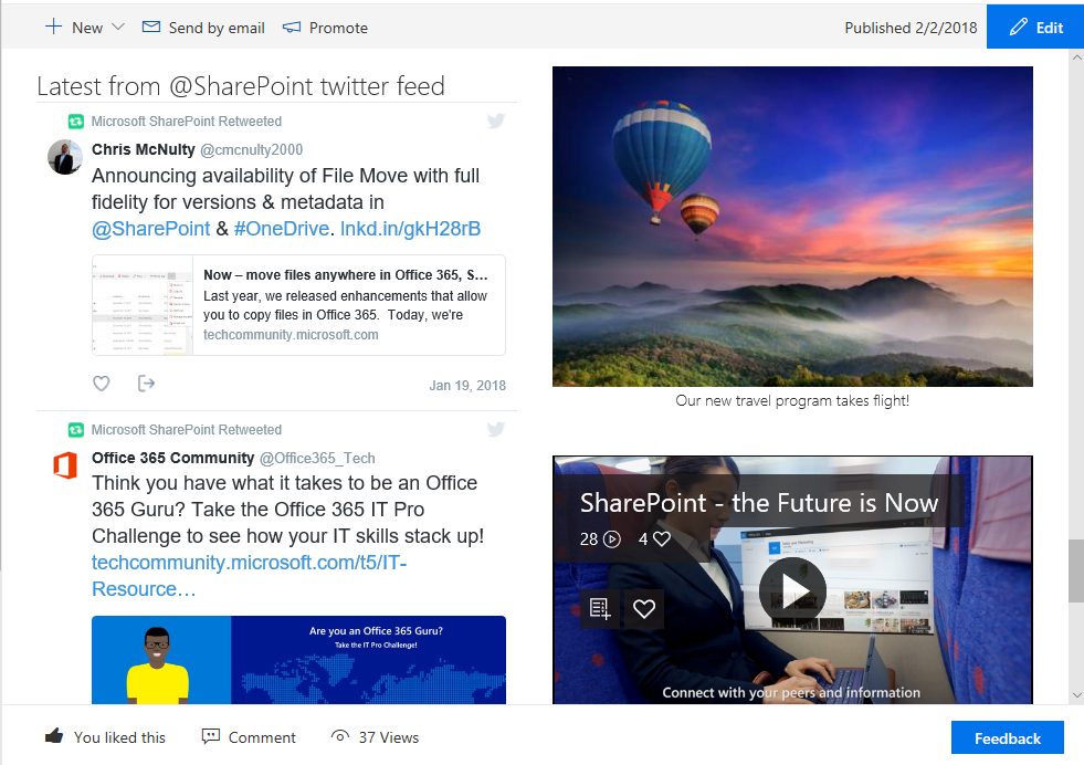 The Twitter web part showing the @SharePoint feed alongside an image and a video.