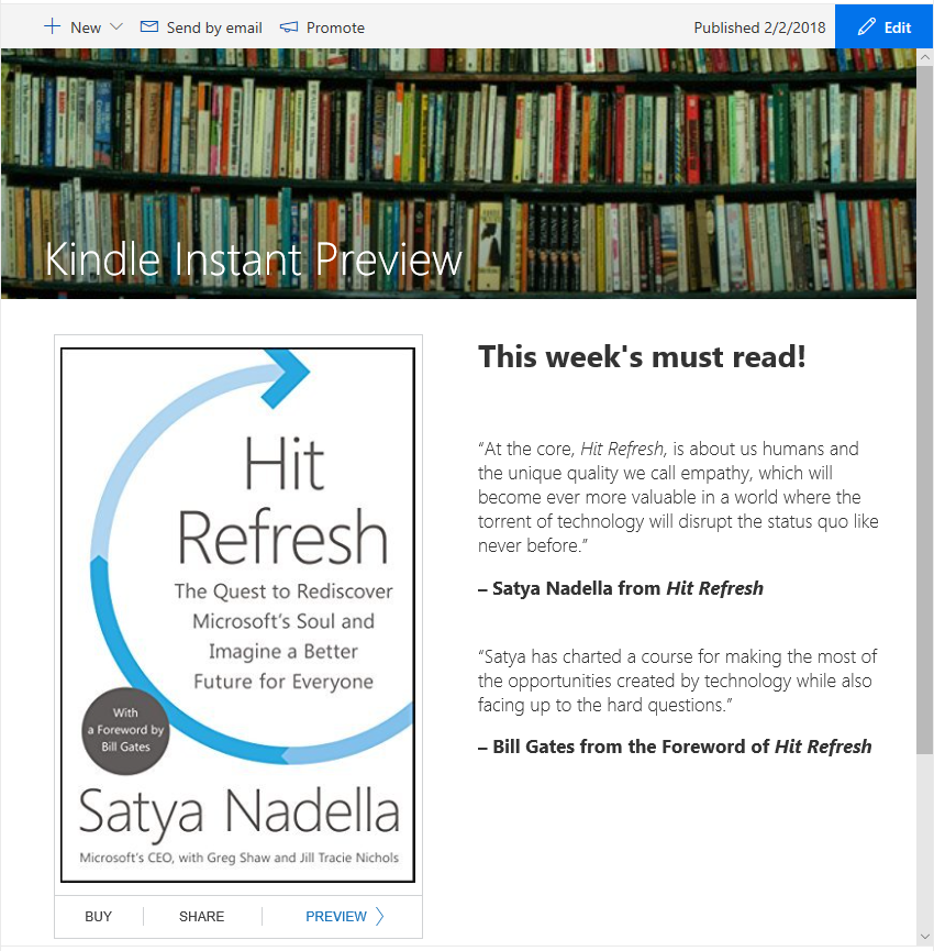 Kindle instant preview embedded within a SharePoint news article.