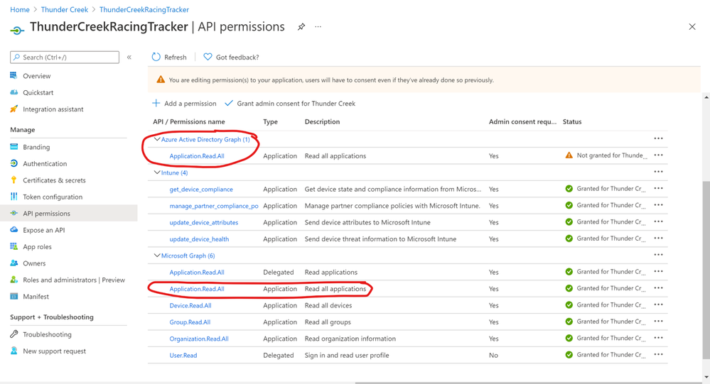 Figure 3 - Example of API permissions needed.