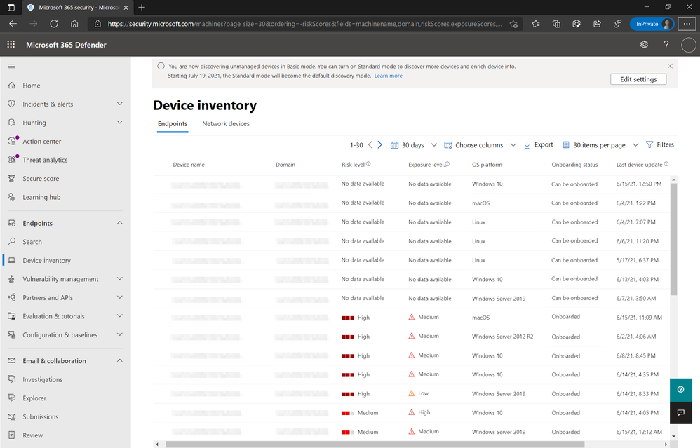 Figure 1: Device inventory view listing "Can be onboarded" devices and option to enable Standard Mode discovery.