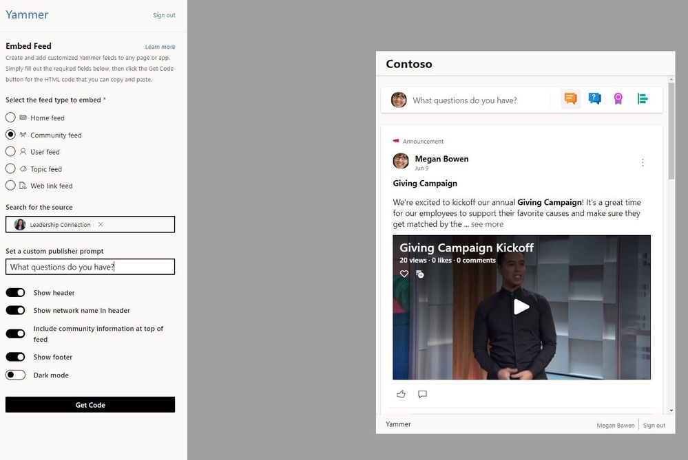 Yammer Embed get code.JPG