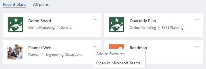 Recent plans list showing a plan from Microsoft Teams