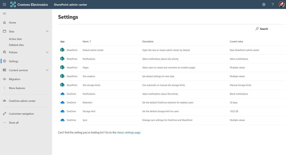 Modernized OneDrive settings in the SharePoint admin center