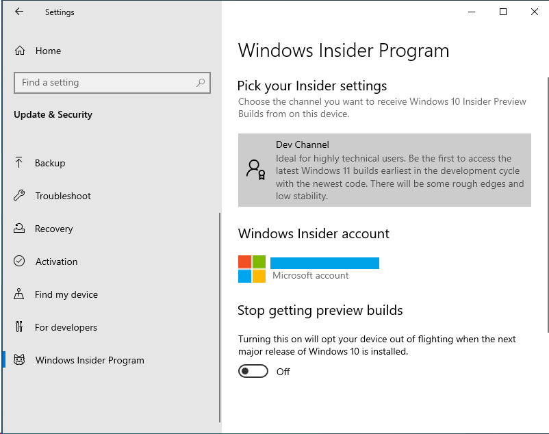 Windows Insider Program tab