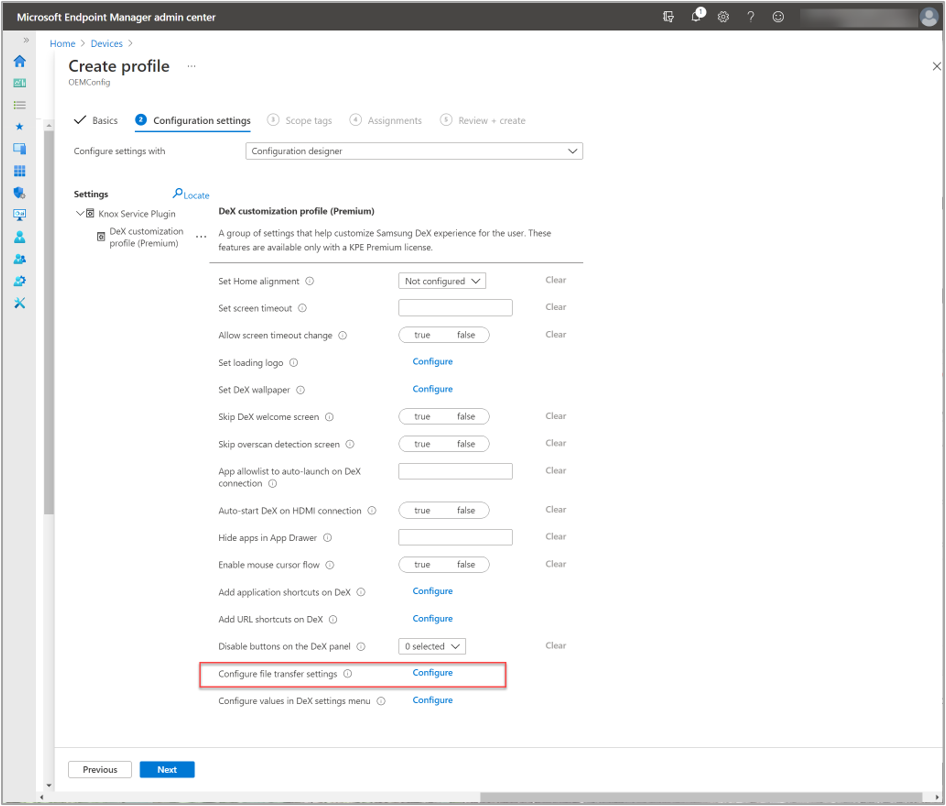 Example of all available DeX customization options with the "Configure file transfer settings" highlighted.