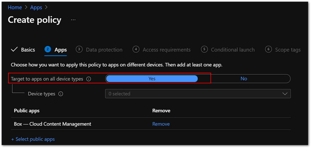 Screenshot of an Intune APP policy with the "Target to apps on all device types" setting highlighted.