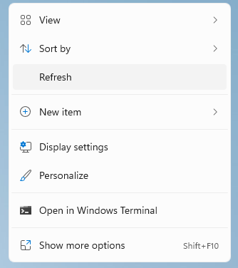 Refresh option in the new context menu on desktop does not have its icon
