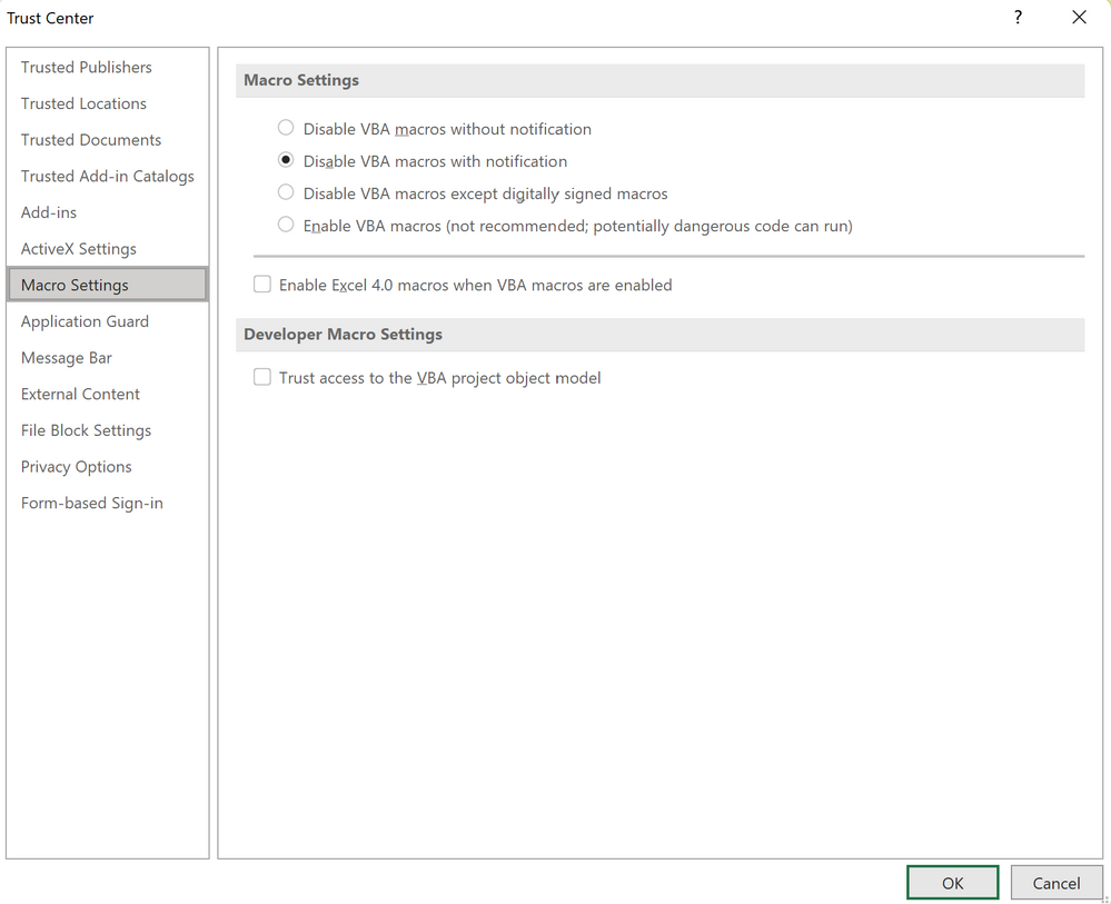 Customers can now independently disable XLM macros in the Trust Center Macro Settings by unchecking the setting "Enable Excel 4.0 macros when VBA macros are enabled."