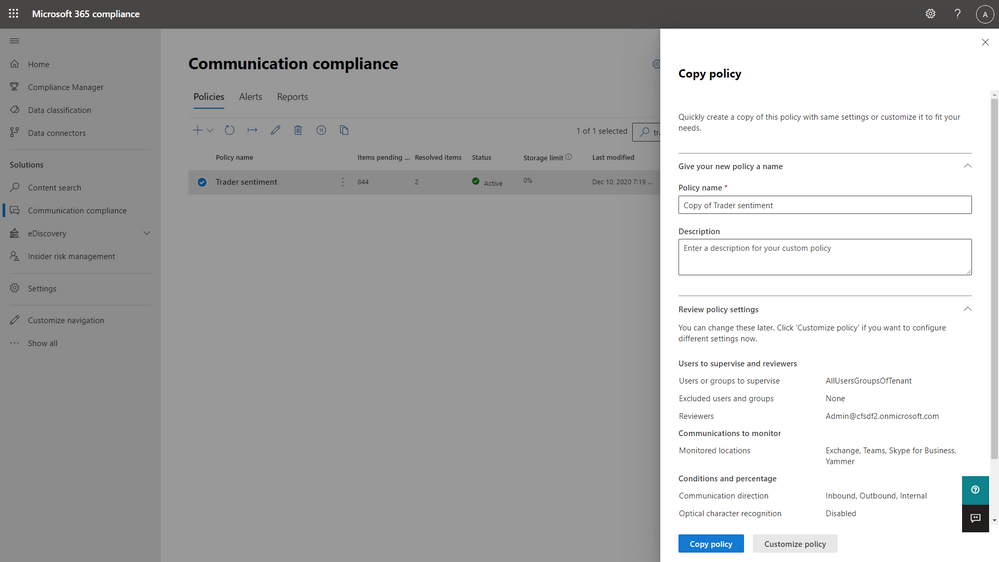 View of clone policy on policy page.