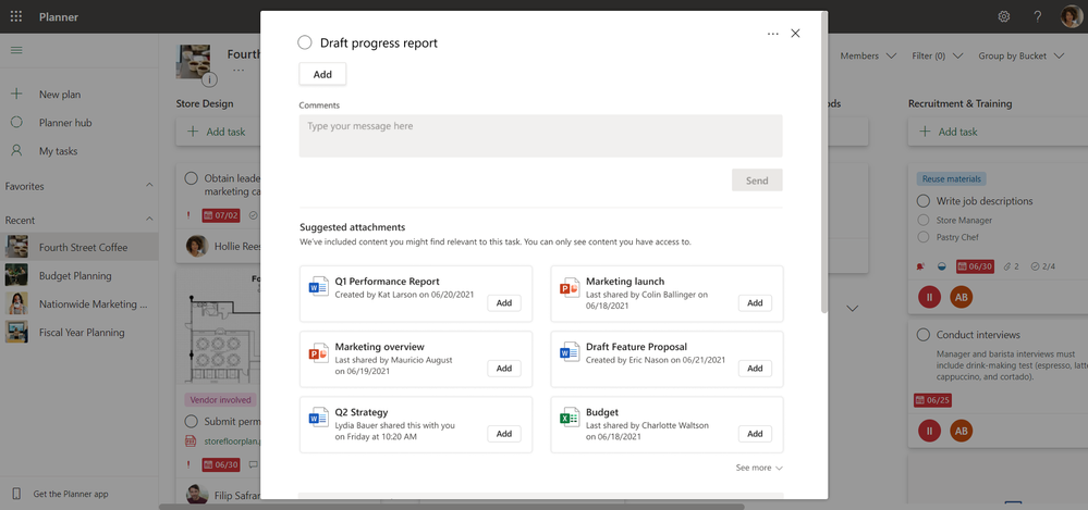 thumbnail image 1 of blog post titled Introducing suggested attachments in Microsoft Planner 