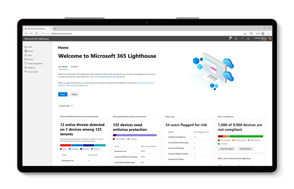 Microsoft 365 Lighthouse homepage showing alerts across multiple customers at a glance.