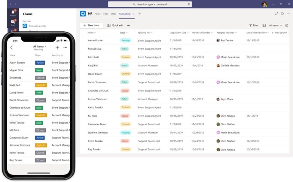 Example ‘recruiting’ list as a tab in a Teams channel – in Teams mobile (left) and Teams desktop (right).