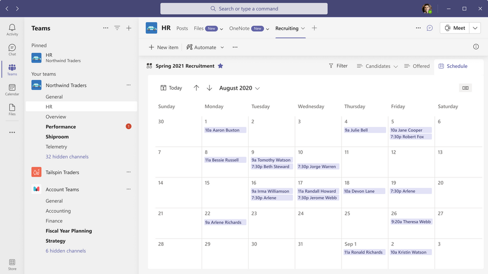 Calendar view as it appears when viewing within a Teams channel tab.