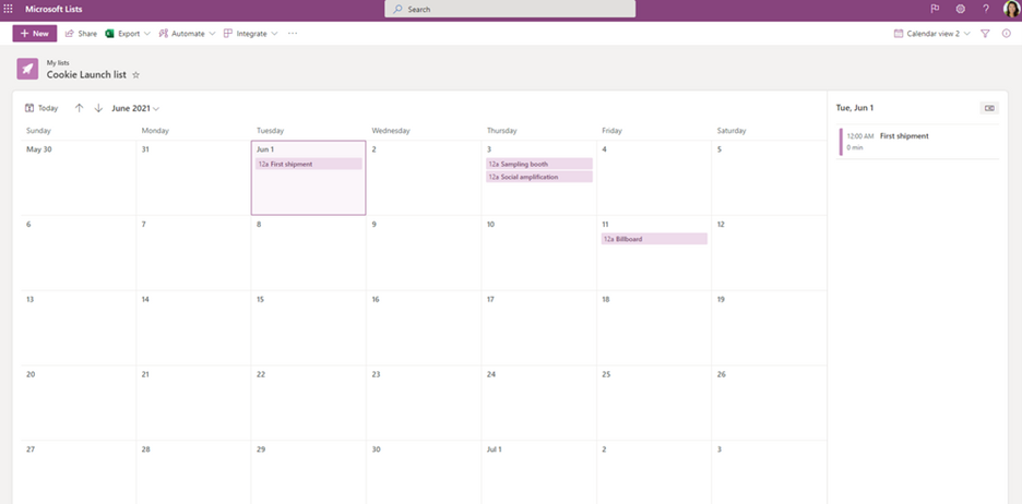 Calendar view as it appears when using the Lists app in Microsoft 365.