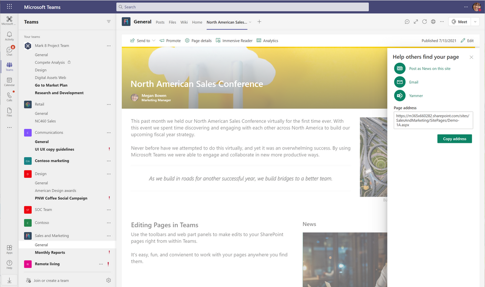 Promote your page or news post to Yammer, with email, or by posting as News