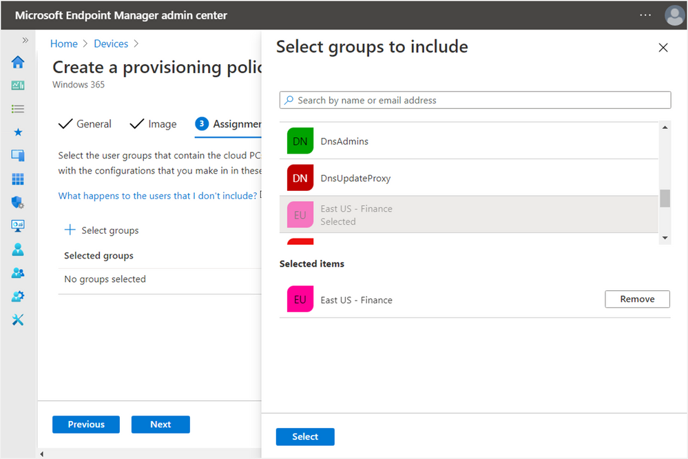 Select the appropriate Azure AD group