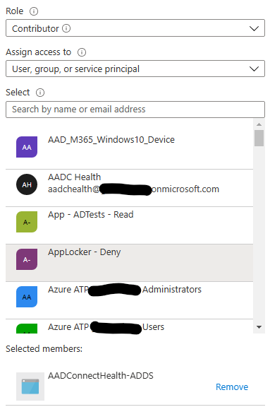 Azure RBAC window for Azure AD Connect Health