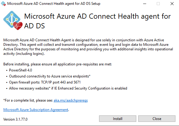 Azure AD Connect Health agent installation window