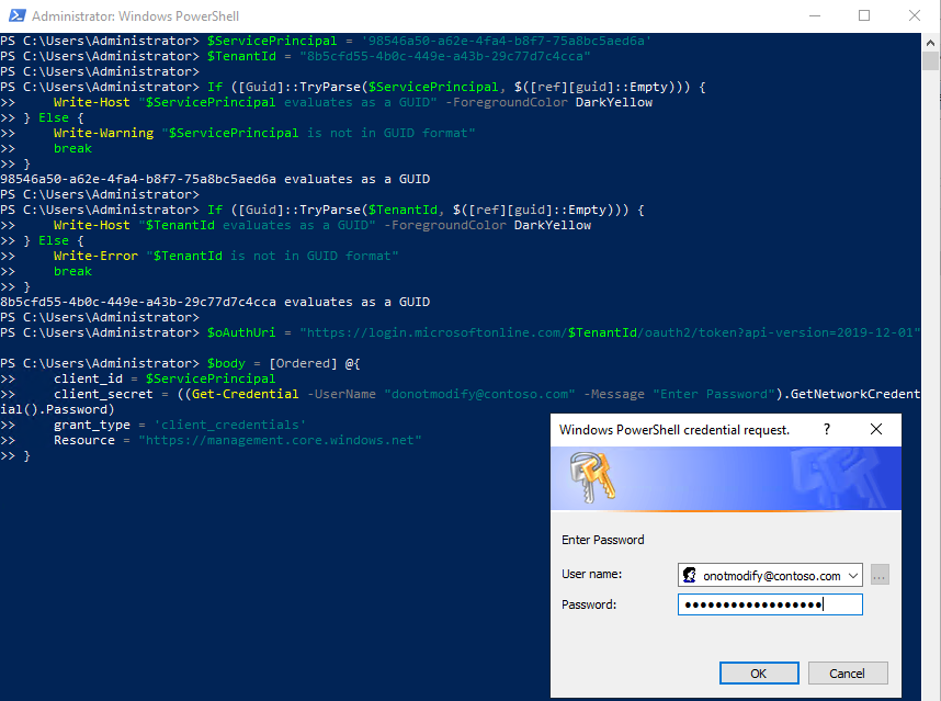 Powershell credential prompt during registration