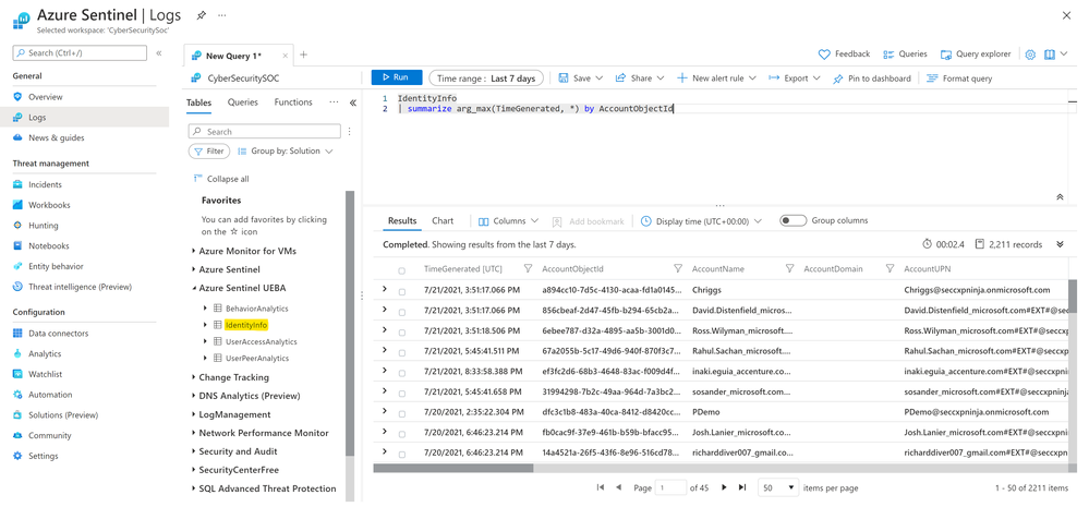 IdentityInfo table in the Logs blade