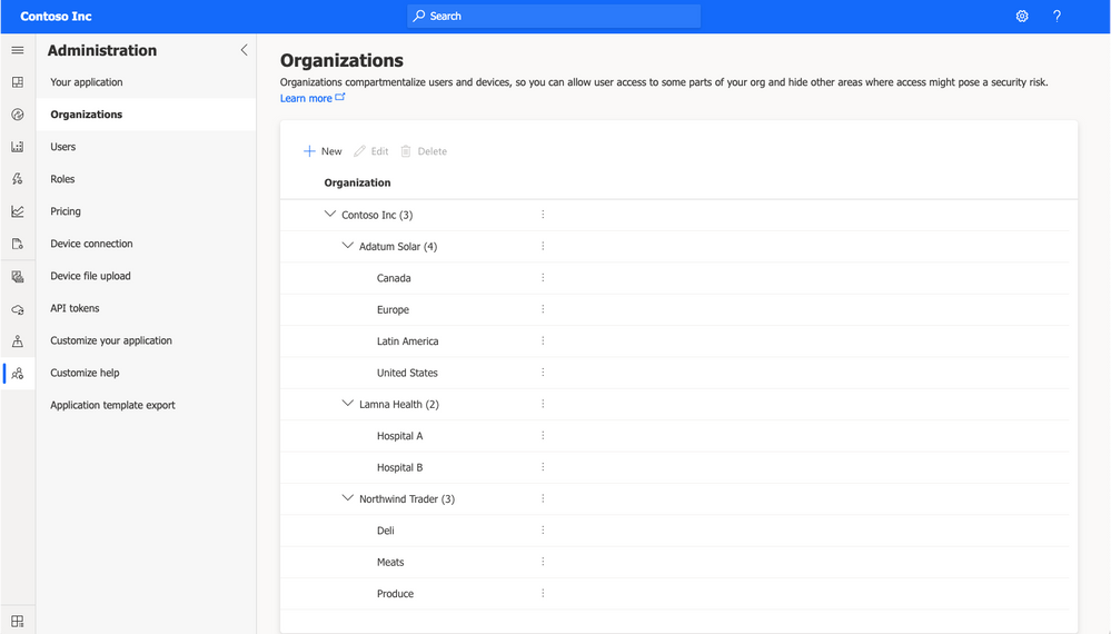 An organization structure in IoT Central with three organizations and some sub-organizations.