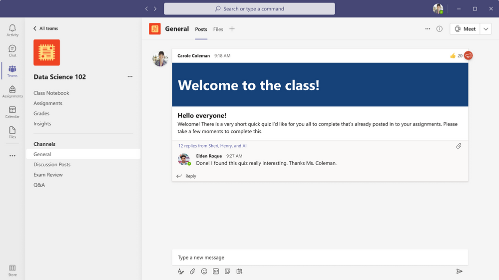 New class team navigation for educators includes Class Notebook, Assignments, Grades, and Insights pinned on the left.