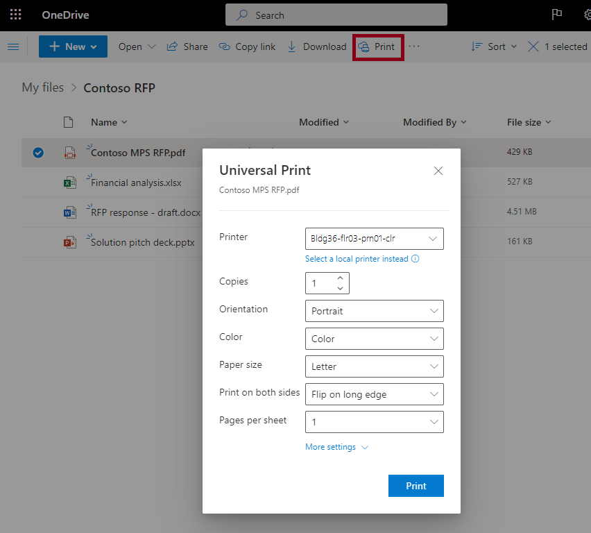 Universal Print integration with OneDrive on web – pop-up dialog.