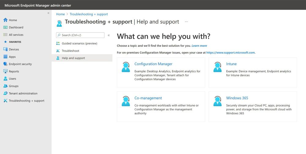 Figure 1 Microsoft Endpoint Manager admin center's Help and Support blade in Troubleshooting + support