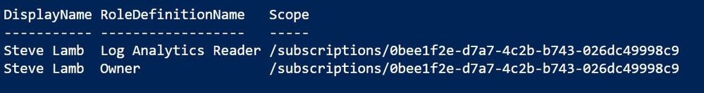 Get-AzRoleAssignment formatted as a table