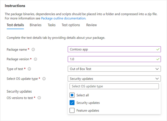 Selecting the OS update type in the Test Base for Microsoft 365 service