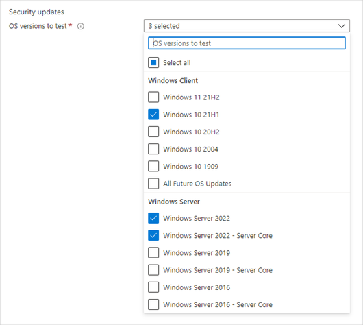 Selecting the OS versions for which testing should occur