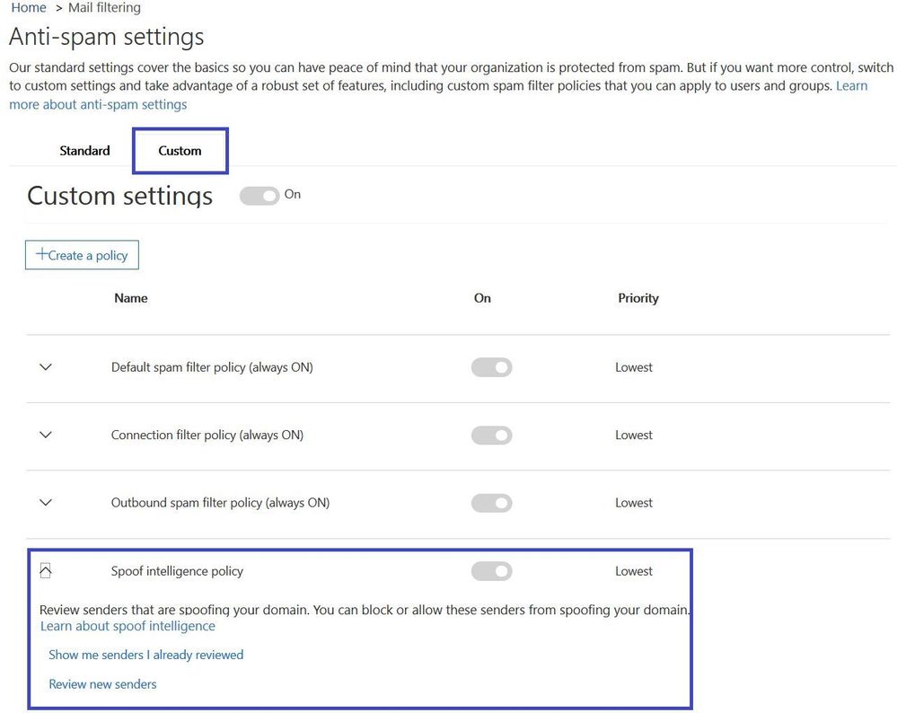 Figure 2.  Spoof intelligence settings for Office 365 Advanced Threat Protection