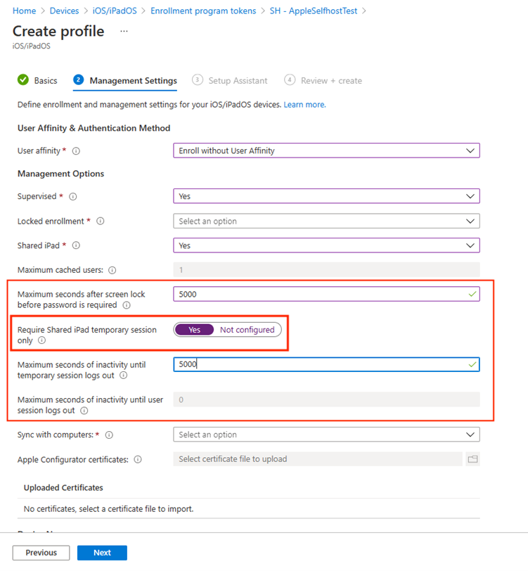 Endpoint Manager settings to enable guest temporary sessions in Shared iPads