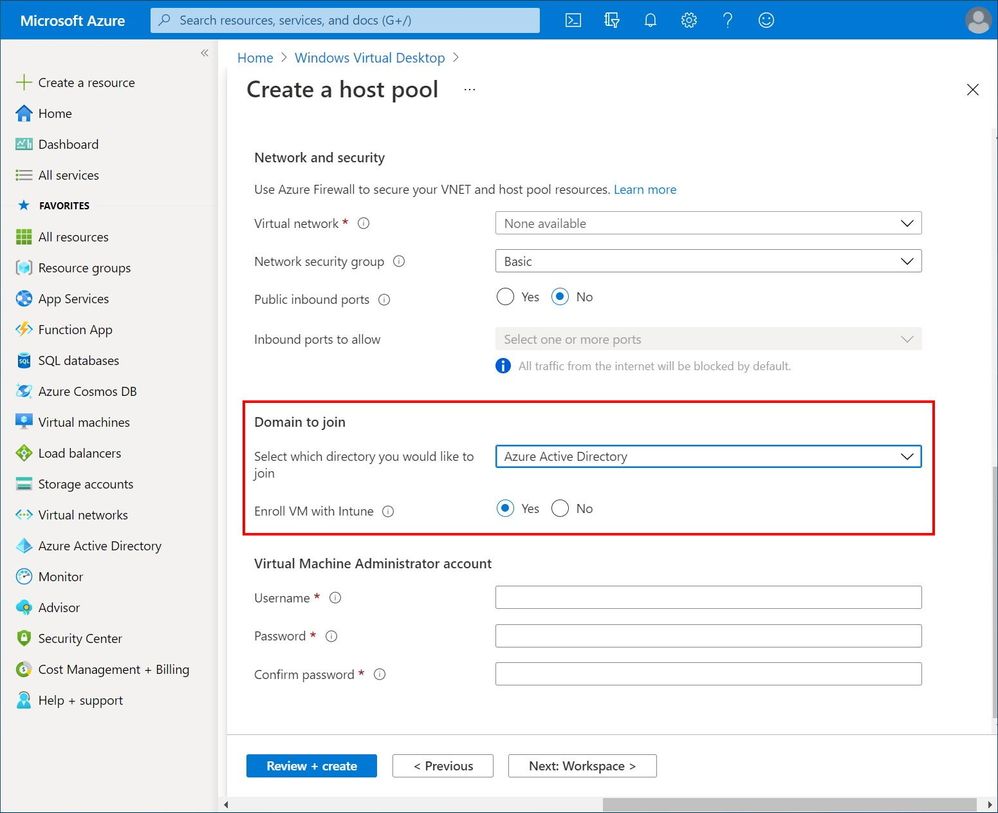 Azure portal showing the new Azure AD and Intune options for Azure Virtual Desktop host pools.