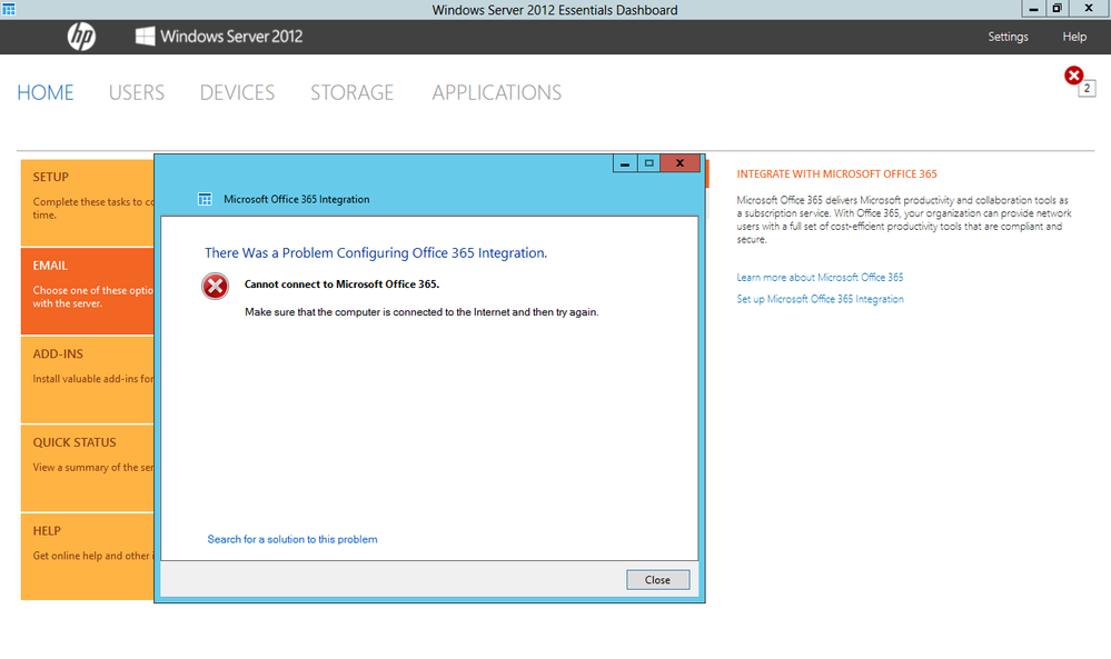 Unable to Connect Office 365 - Windows Server 2012 Essential - Microsoft  Community Hub