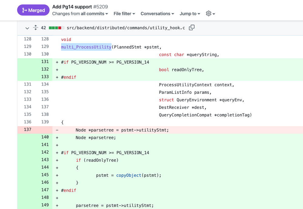 Figure 2: Code diff that shows an example change in Citus, to support an API change in Postgres 14