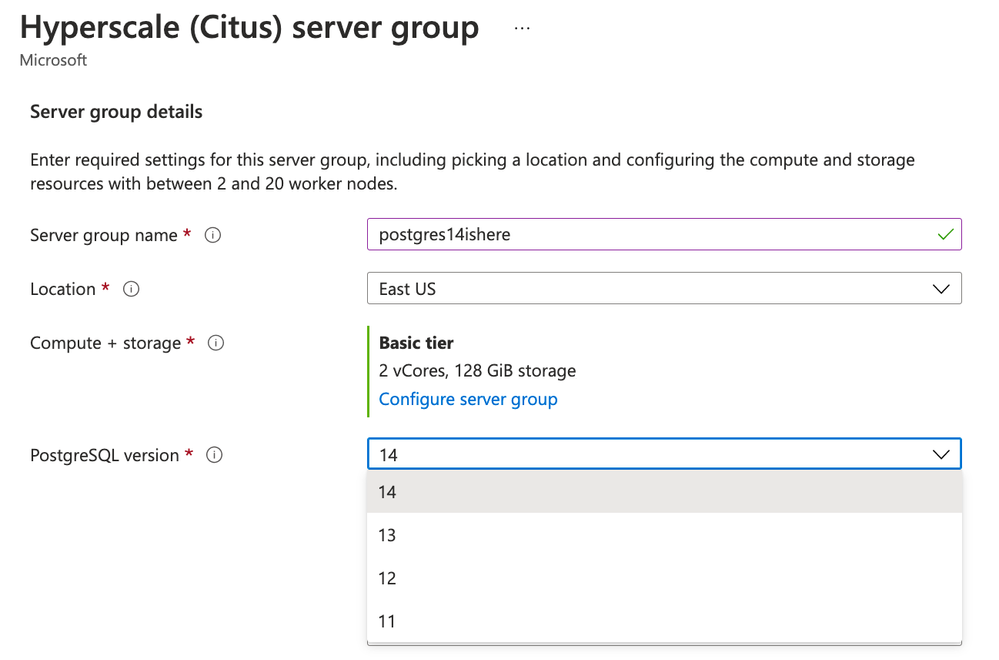 Figure 5: Screenshot from the Azure Portal provisioning flow when creating a Hyperscale (Citus) server group, highlighting that PostgreSQL version 14 is now available.